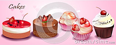 A set of cakes with cream, chocolate and fruits. Vector Illustration